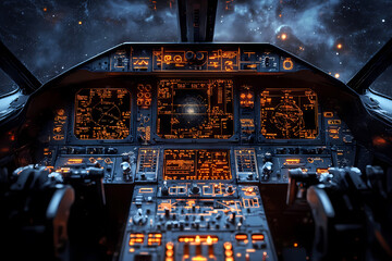 pilot navigating a radiant holographic aircraft through a virtual galaxy