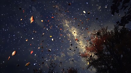 Bright confetti pieces in midair under a starlit sky adding a magical touch