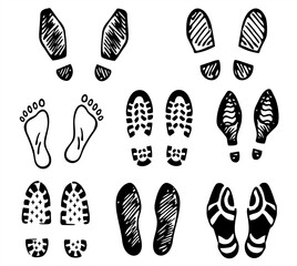 Footprints set icon. Different human footprints. Imprint soles shoe silhouette. Adults steps Flat style collection. Foot print tread, boots, sneakers. Human footprints icon set.