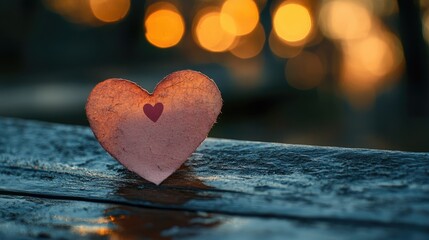 Fototapeta premium Heart-shaped paper on a wet wooden surface with a blurred sunset background creating a romantic ambiance