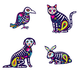 Mexican animal skulls, festive dog, bird, cat and rabbit. Dia de los Muertos, Mexican Day of Dead.  Animals skeletons, Halloween celebration spooky cute characters. Day of dead