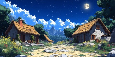 Obraz premium Moonlit Village Path, Mountain View, Game Background
