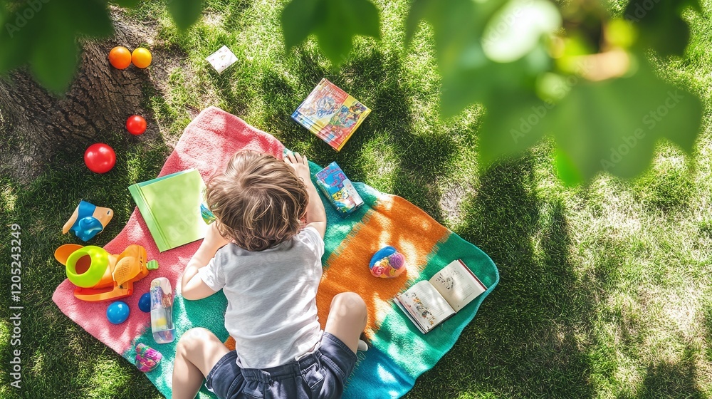 Aufkleber top view of a child lying on a colorful picnic blanket surrounded by toys and books under a tree's s