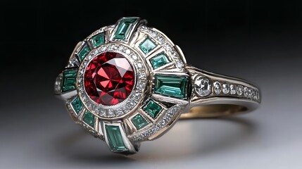 Elegant vintage ring with red gemstone and emerald accents