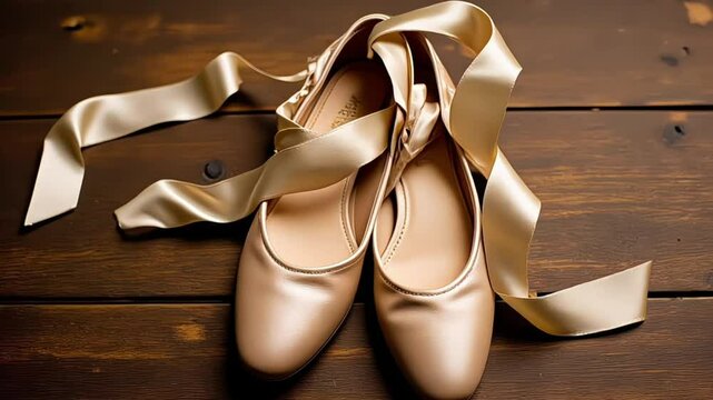 A pair of elegant pointed ballet shoes adorned with satin ribbons on a dark wooden floor
