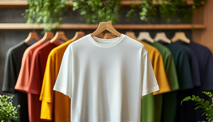 close up a collection of colorful t-shirts hanging on a clothes hanger in closet or clothing rack