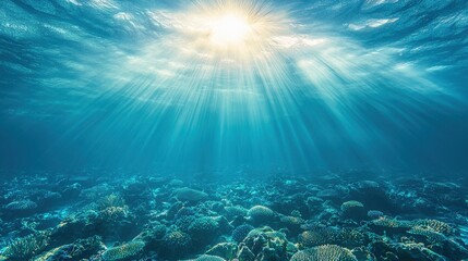 Fototapeta premium Underwater scene featuring diverse marine life coral reef closeup clear water sunlight rays