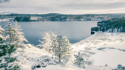 a winter landscape where a beautiful lake stretches across the scene. The center of the lake is still open water, reflecting the gray winter sky and the snow-covered trees that line its edges. On one 