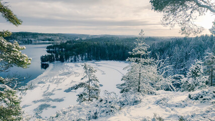 a winter landscape where a beautiful lake stretches across the scene. The center of the lake is still open water, reflecting the gray winter sky and the snow-covered trees that line its edges. On one 