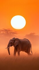Fototapeta premium Majestic elephant at sunrise in nature wildlife warm backlighting evocative landscape view