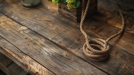 A rustic extension cord in bronze adds a touch of vintage charm to a wooden table, its weathered appearance and sturdy build enhancing the rustic appeal and warmth of the room's decor.