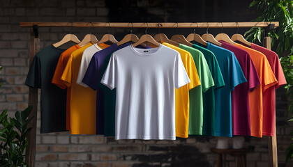 close up a collection of colorful t-shirts hanging on a clothes hanger in closet or clothing rack