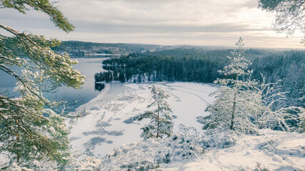 a winter landscape where a beautiful lake stretches across the scene. The center of the lake is still open water, reflecting the gray winter sky and the snow-covered trees that line its edges. On one 