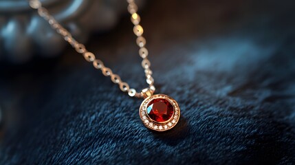 Fototapeta premium Elegant Red Gem Pendant Necklace on Soft Fabric Background