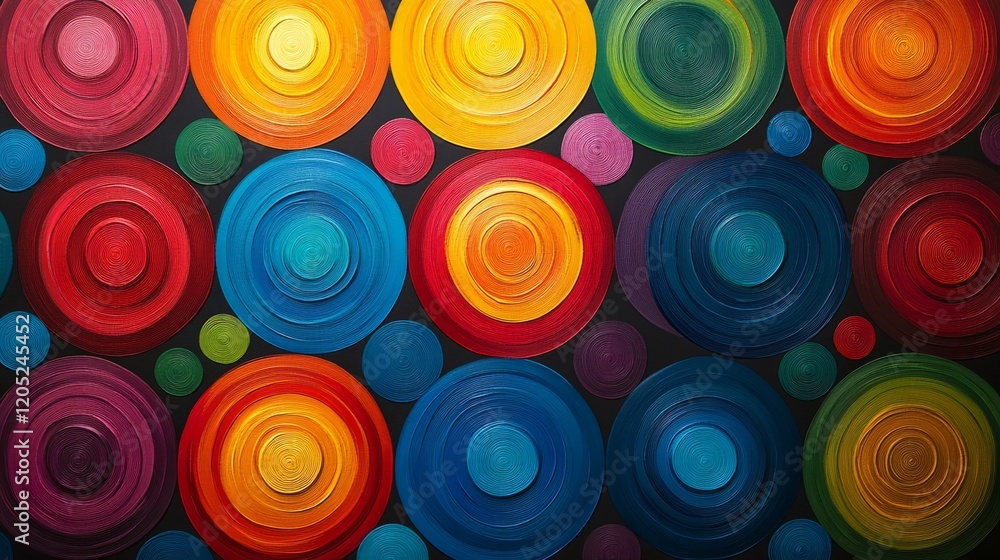 Poster bright concentric circles in primary colors on a matte dark background