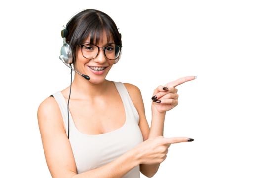 Telemarketer caucasian woman working with a headset over isolated background pointing finger to the side and presenting a product