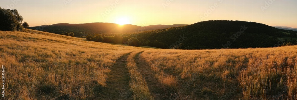 Poster sunset over rolling hills with a dirt path through golden grass in a tranquil rural landscape. gener