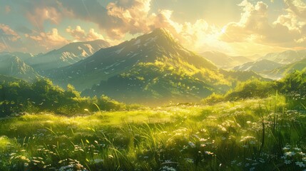 A picturesque scene unfolds as a small mountain covered in verdant grass shimmers under the golden rays of the sun, painting the landscape with a palette of natural beauty.