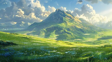 A picturesque scene unfolds as a small mountain covered in verdant grass shimmers under the golden rays of the sun, painting the landscape with a palette of natural beauty.