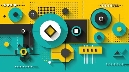 Obraz premium Abstract Geometric Composition: Teal, Yellow, and Black Shapes Intertwined in a Dynamic Design