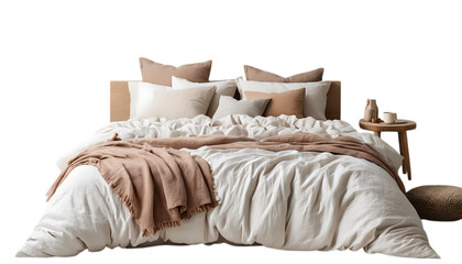 Cozy modern bedroom setting with unmade bed PNG Image