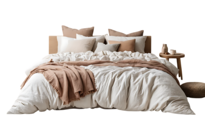 Cozy modern bedroom setting with unmade bed PNG Image
