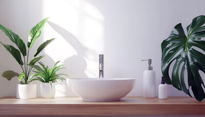 Fototapeta premium Bathroom wooden table with washbasin, faucet, plants and soap bottles