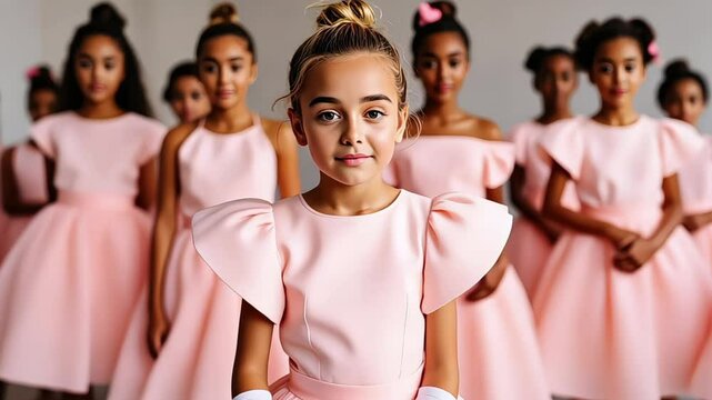 Girl wearing pink tutu skirt and having fun ballet class with girls on the background ballet class