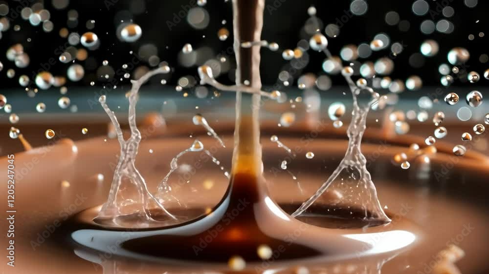 Poster splash of liquid chocolate captured in high speed motion, showcasing dynamic textures and vivid cont