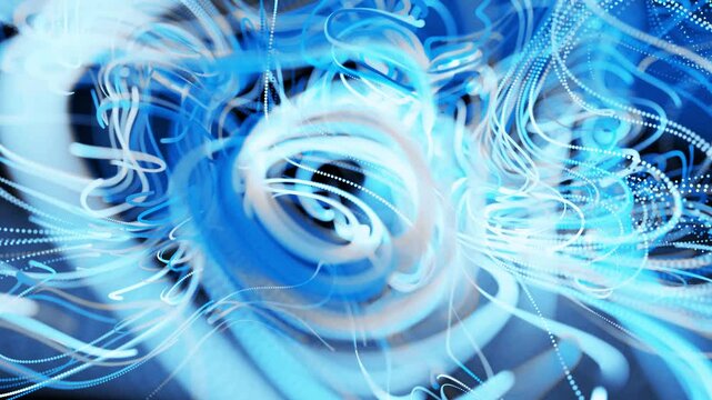 Hypnotic visual representation of neural network processing. Featuring a soothing blue color palette and abstract patterns created by rapidly moving light streaks.