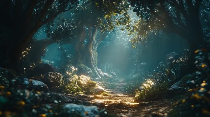 Obraz premium A Mystical Forest Path Bathed in Sunlight