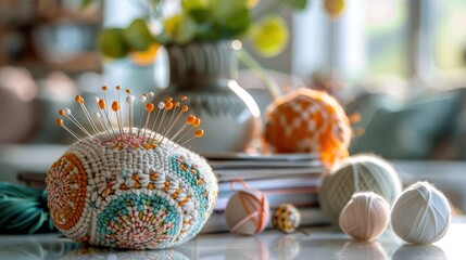 A pincushion adorned with intricate patterns of pins and a collection of knitting yarns in soothing shades rest harmoniously on a pristine white table