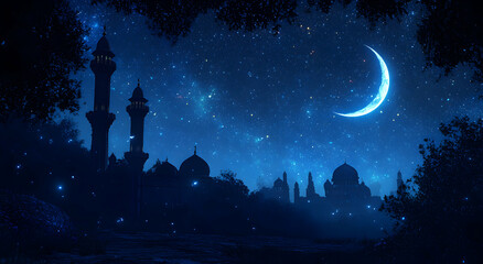 Fototapeta premium Night Sky Mosque Serenity: Starlit Crescent Moon over Majestic Silhouette