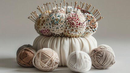 A pincushion adorned with intricate patterns of pins and a collection of knitting yarns in soothing shades rest harmoniously on a pristine white table
