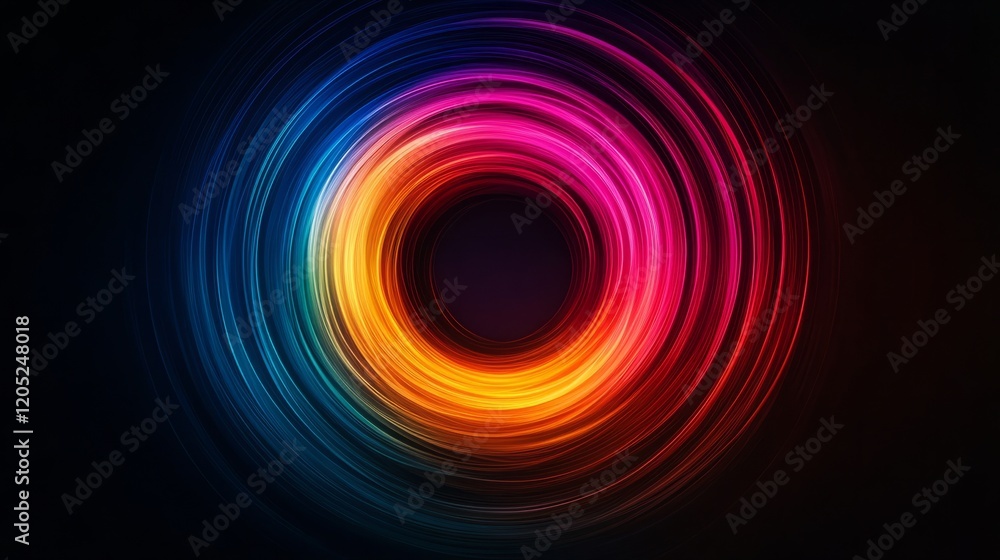 Poster gradient glowing circle in vibrant rainbow tones floating on a matte black canvas