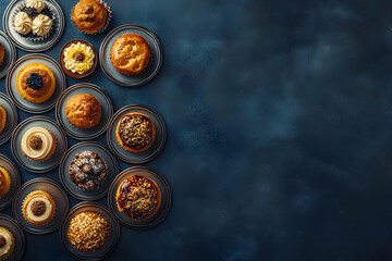 Assortment of Delicious Mini Cakes and Cupcakes on Dark Background