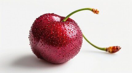 a plump cherry with a nearby cherry stem on a white surface