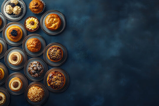 Assortment of Delicious Mini Cakes and Cupcakes on Dark Background
