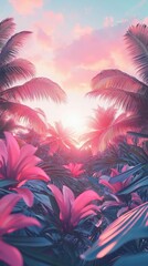 Pink tropical sunrise with palm trees and flowers exotic dreamy landscape Generated AI