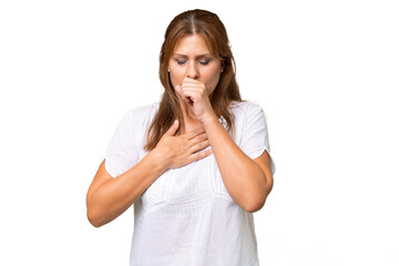 Middle-aged caucasian woman over isolated background coughing a lot