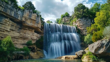 A majestic waterfall cascades down the side of an ancient mountain, surrounded by lush greenery and towering cliffs. 