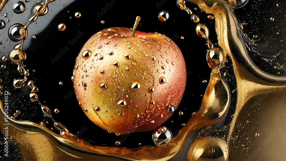 Poster golden apple with water droplets in motion, creating a luxurious and appealing atmosphere, showcasin