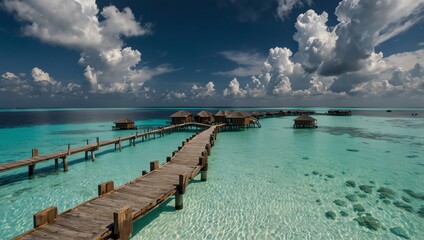 Fototapeta premium Beach in Maldives . Beach . A scenic image of an over-water resort with a long wooden pier. The blue ocean and cloudy sky enhance the tropical destination’s beauty.