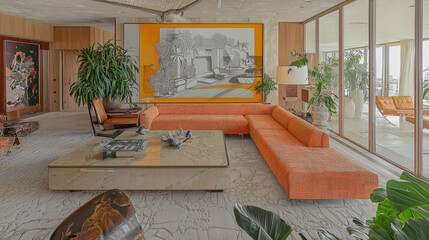 A mesmerizing image that transitions seamlessly from a vibrant color photograph to a finely detailed pencil drawing of a modern living room. Generative AI