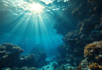 Fototapeta premium Stunning Underwater Coral Reef Scene Sunlight Rays Ocean