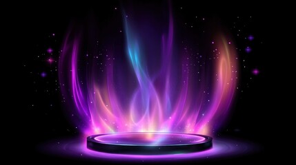 Opening of teleport podium realistic vector illustration. Magical aura light effect 3d elements on black background. Fantasy design templat