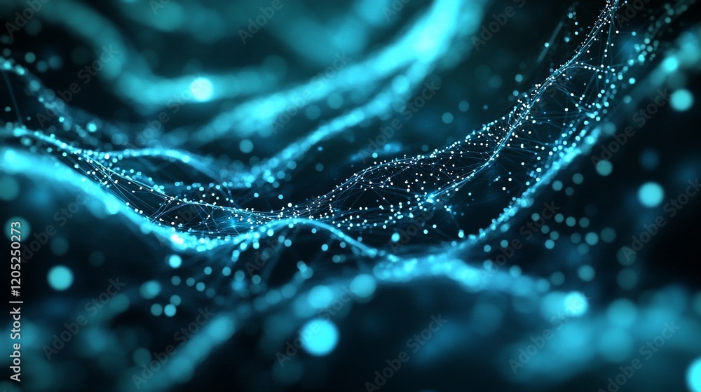 Poster abstract glowing network connection with blue light and white dots forming an intricate pattern