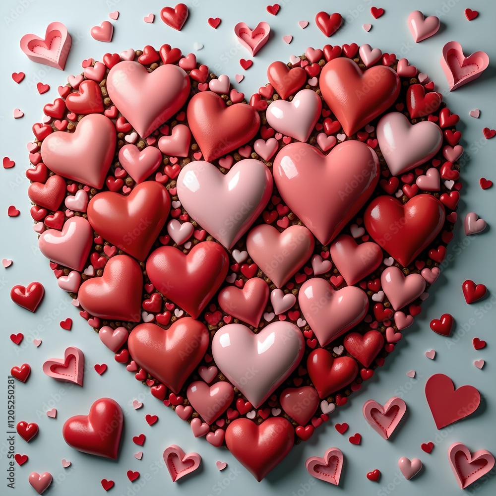 Poster a large red heart made up of smaller pink and red hearts, creating a layered and textured effect. The background is blue, complementing the hearts.