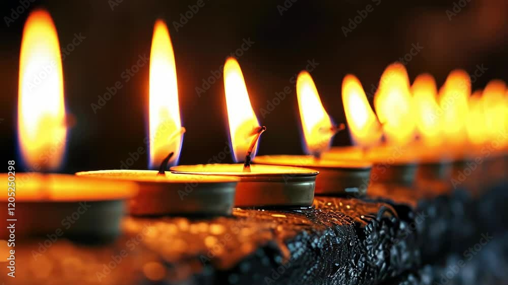 Poster candles flicker softly, illuminating a dark setting with warm light, enhancing a tranquil and medita