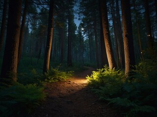 Fototapeta premium path in a pine forest on a dark night illuminated by a flashlight as a background
